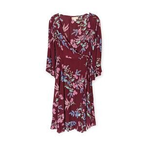 Altar'd State Burgundy Floral Faux Wrap Gauzy 3/4 Sleeve‎ Midi Dress Size Medium